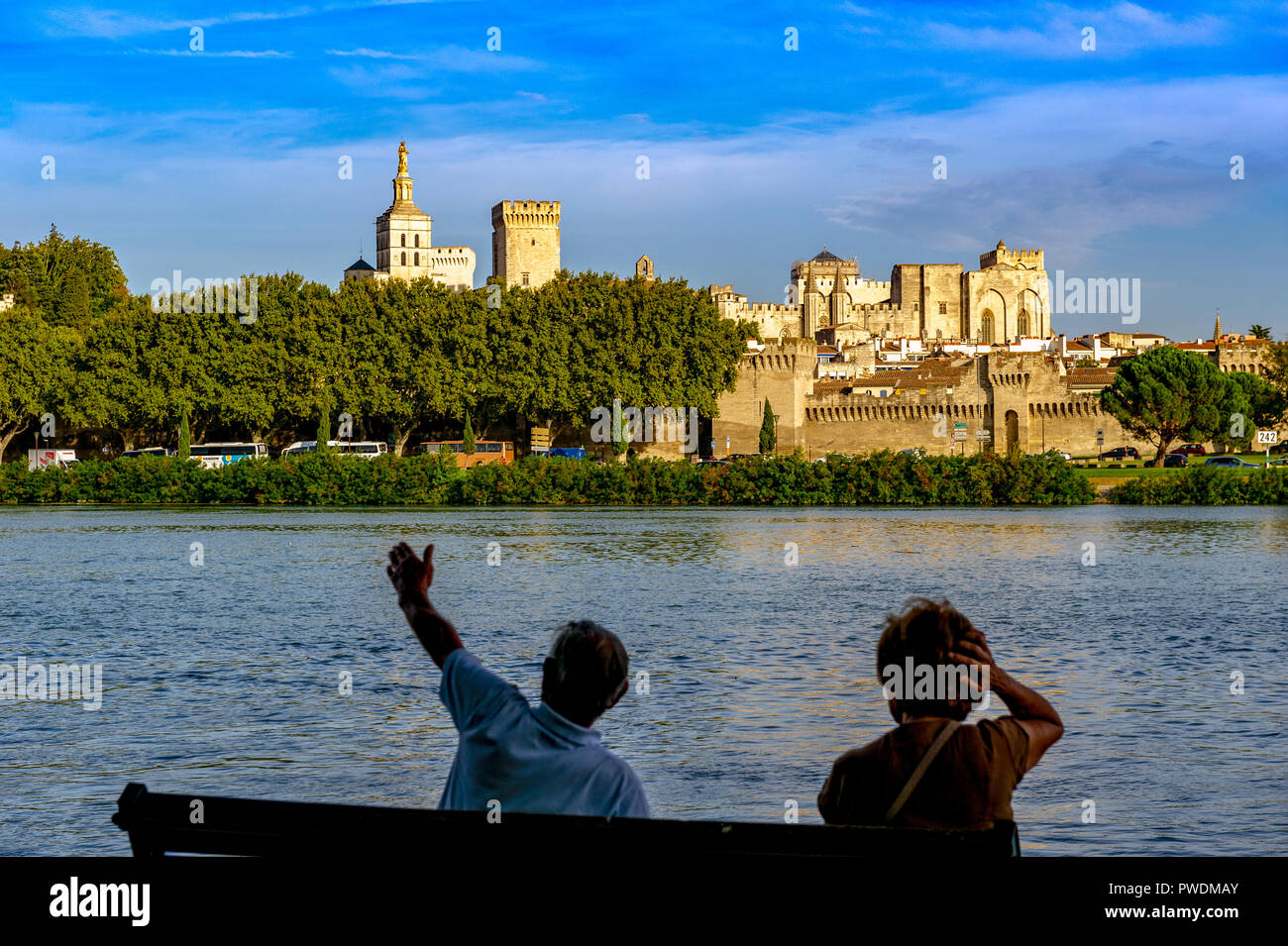 La Francia. Vaucluse (84). Avignon. I turisti sulle rive del Rodano, sullo sfondo il Palazzo dei Papi, un sito Patrimonio Mondiale dell'UNESCO Foto Stock