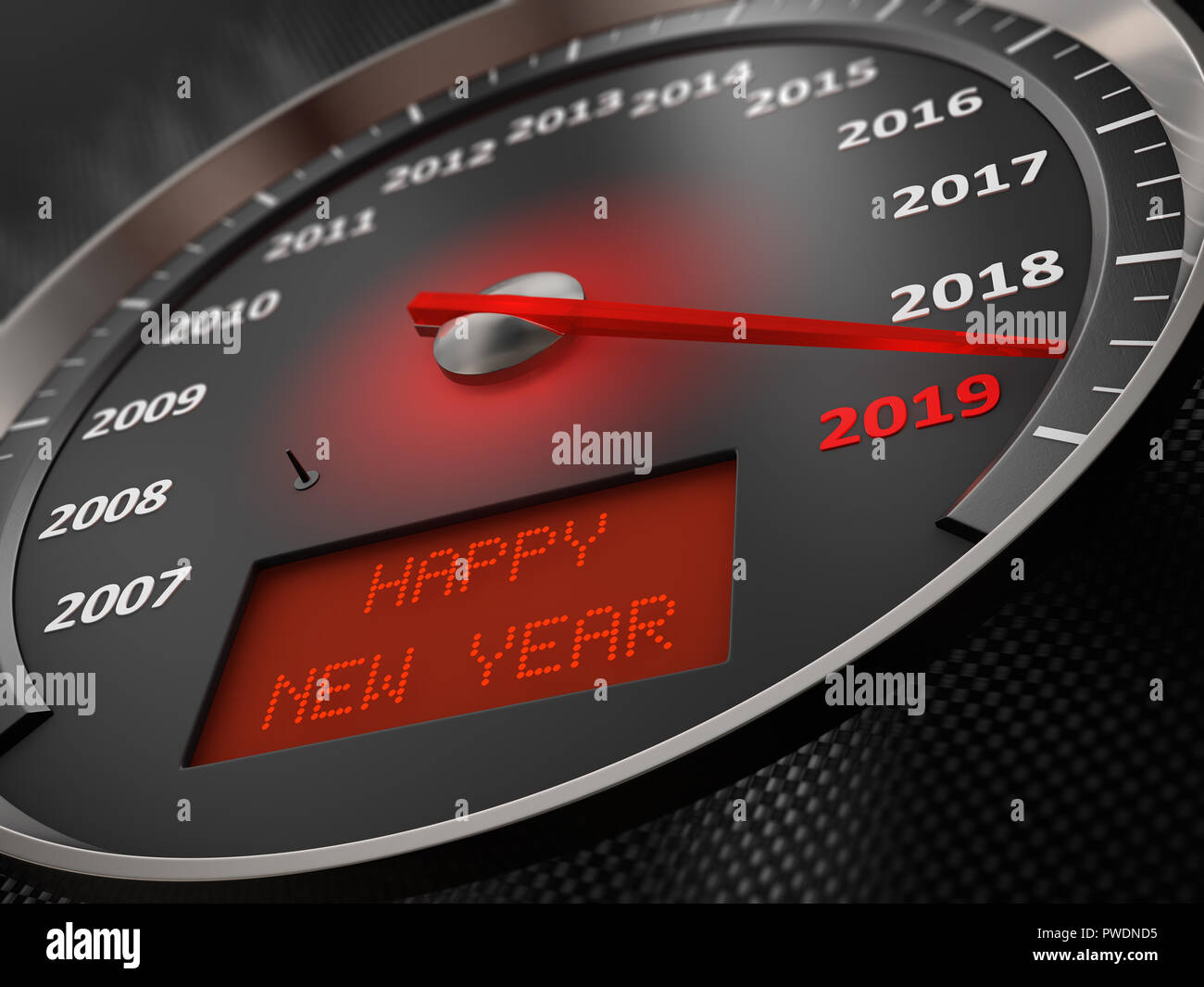 Il tachimetro indica 2019 e l'iscrizione sullo schermo: Felice Anno Nuovo. 3D render Foto Stock