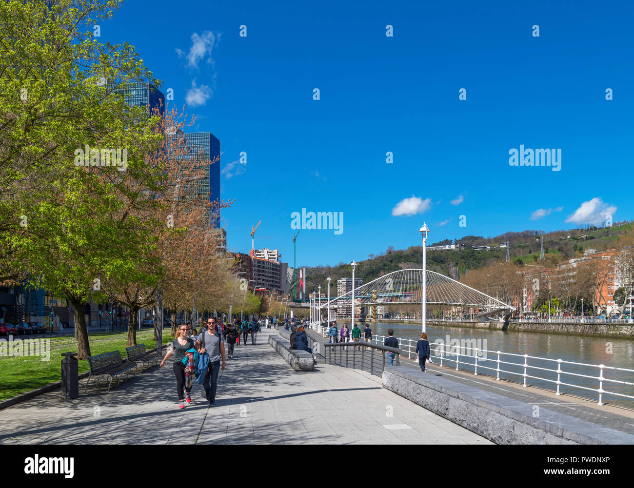 Passeggiata lungo il fiume Nervion guardando verso il ponte Zubizuri, Muelle de Urbitarte, Bilbao, Paesi Baschi Foto Stock