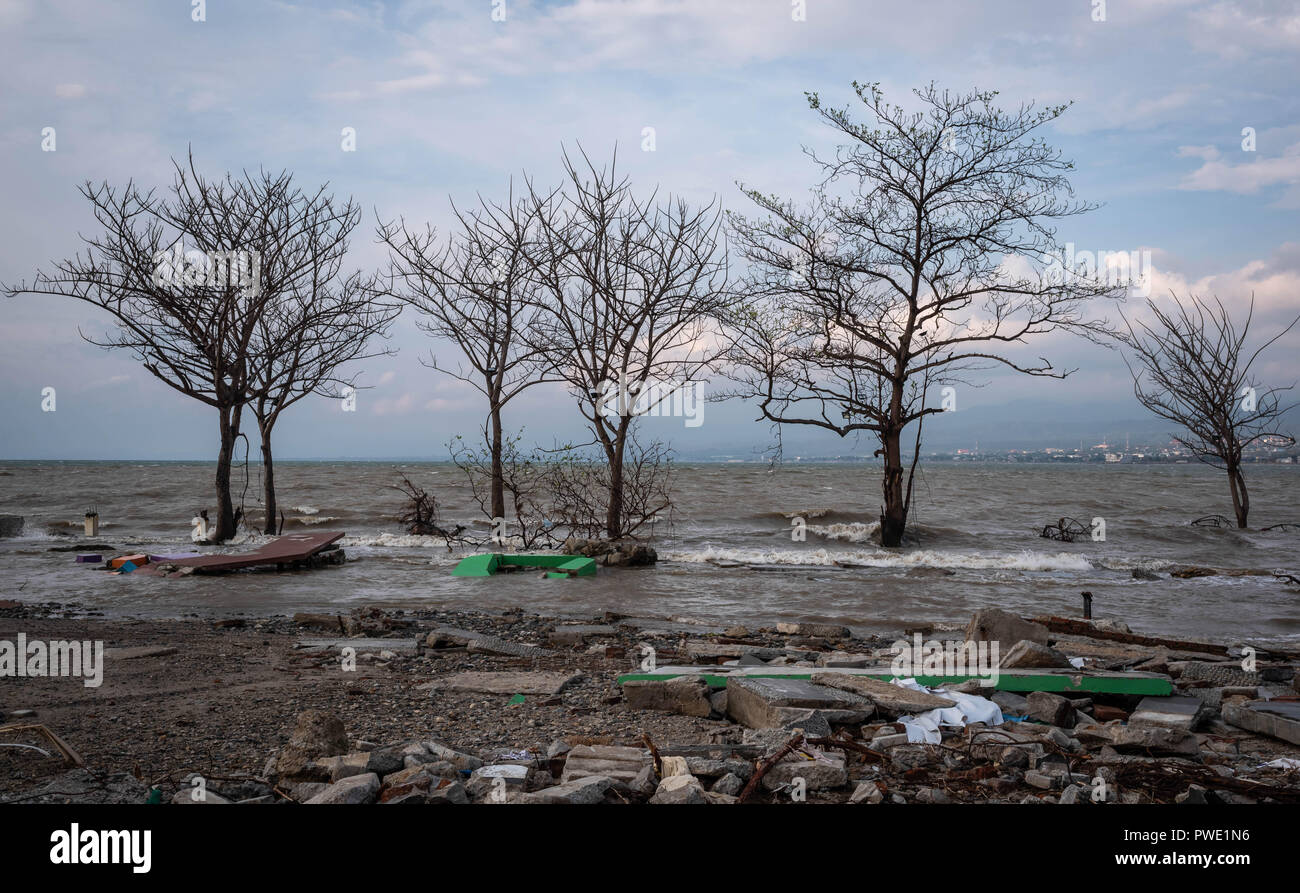 Palu, Indonesia. 24 ott 2018. Talise beach area dopo il terremoto e lo tsunami.un mortale terremoto di magnitudo 7.5 grandezza e l'onda di maremoto ha causato da essa ha distrutto la città di Palu e gran parte dell'area di Sulawesi centrale. Secondo i funzionari, morte pedaggio dal devastante terremoto e tsunami sorge a 2088, circa 5000 persone negli ospedali sono gravemente feriti e circa 62.000 persone sono state sfollate. Credito: Hariandi Hafid SOPA/images/ZUMA filo/Alamy Live News Foto Stock