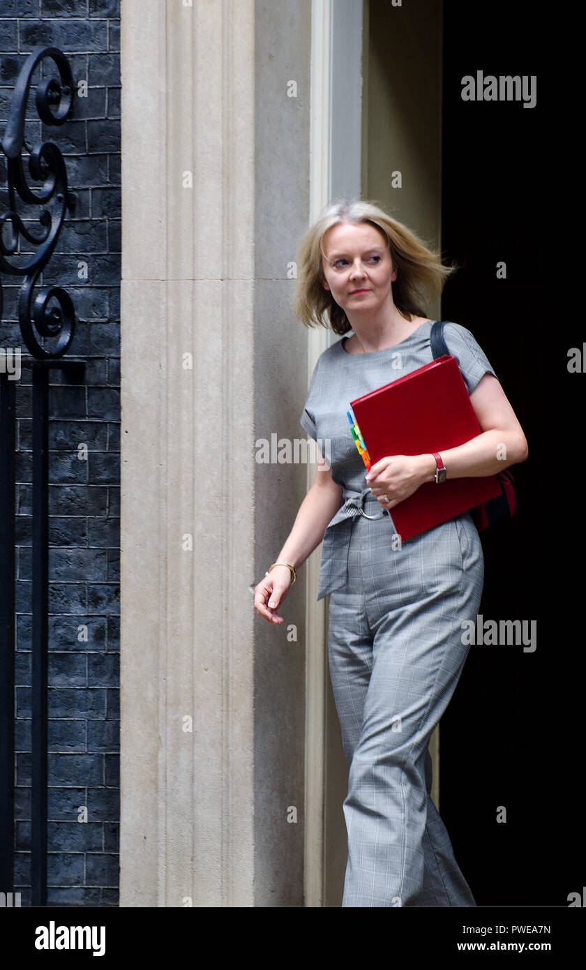Liz Truss MP, Primo Segretario al tesoro, lasciando dopo una lunga riunione del gabinetto di discus Brexit, Downing Street 16 Ottobre 2018 Foto Stock