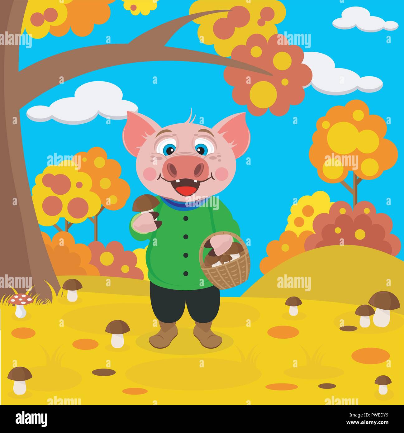 Il maiale funghi raccolti nella foresta. Illustrazione Vettoriale. Simbolo del 2019. Illustrazione Vettoriale