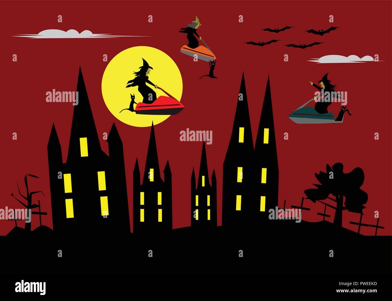 Funny Halloween, tre streghe sono a cavallo di un jet ski sul cielo rosso. La luna e il castello sono lo sfondo. Illustrazione Vettoriale