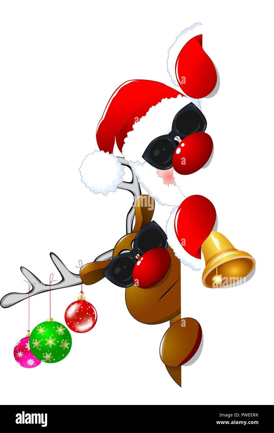 Babbo Natale e un cervo su uno sfondo bianco. Cartoni animati Babbo Natale e una renna in occhiali da sole. Illustrazione Vettoriale