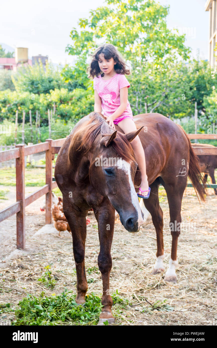 Bambino, kid bambini a cavallo, ragazza seduta cavallo gioia felice concetto, animali di fattoria animali stallone marrone, concetto rurale, nazione agricola, Italia Foto Stock