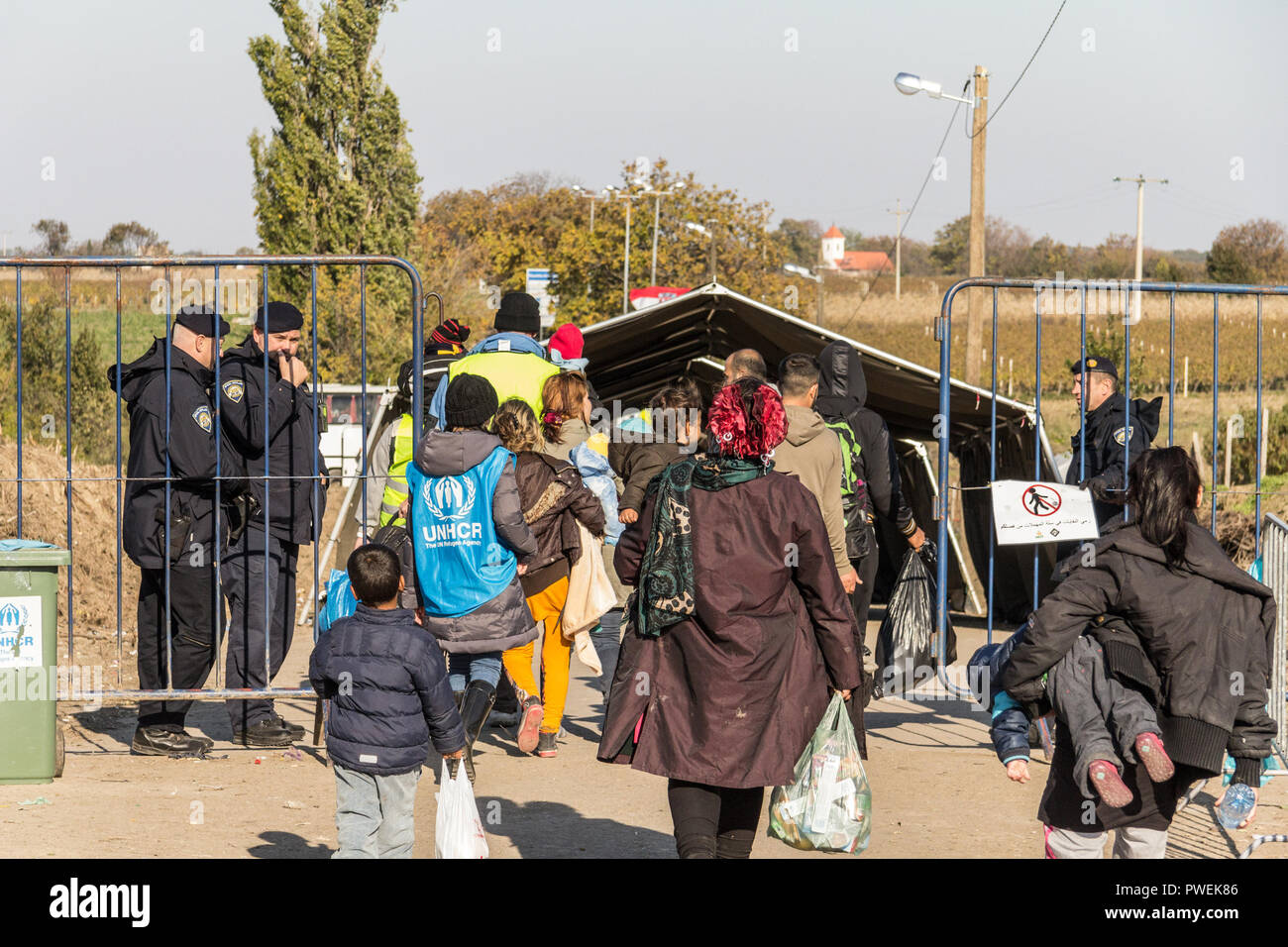 BERKASOVO, SERBIA - 31 ottobre 2015: i rifugiati a camminare verso il confine croato incrocio sulla Croazia Serbia, il confine tra la città di Bapsk Foto Stock