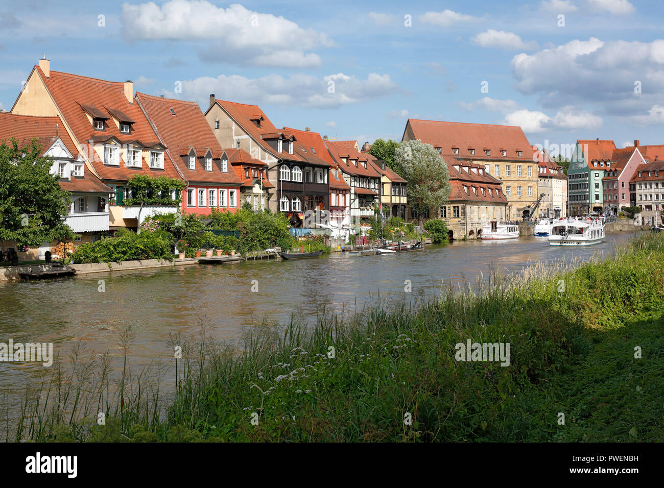 D-Bamberg, Regnitz, Main-Danube Canal, Alta Franconia, Franconia, Baviera, Little Venice al Regnitz, Klein-Venedig, ex pesca, pesca camp, paesaggio del fiume Regnitz, paesaggio, riverbank, case residenziali, semi-case con travi di legno, Fila di case, Patrimonio Mondiale dell UNESCO Foto Stock