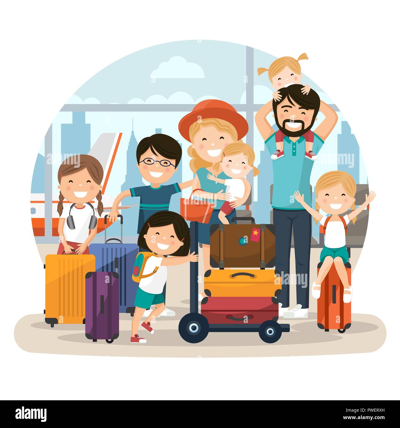 Felice grande famiglia all'aeroporto in attesa di un volo. Illustrazione Vettoriale Illustrazione Vettoriale