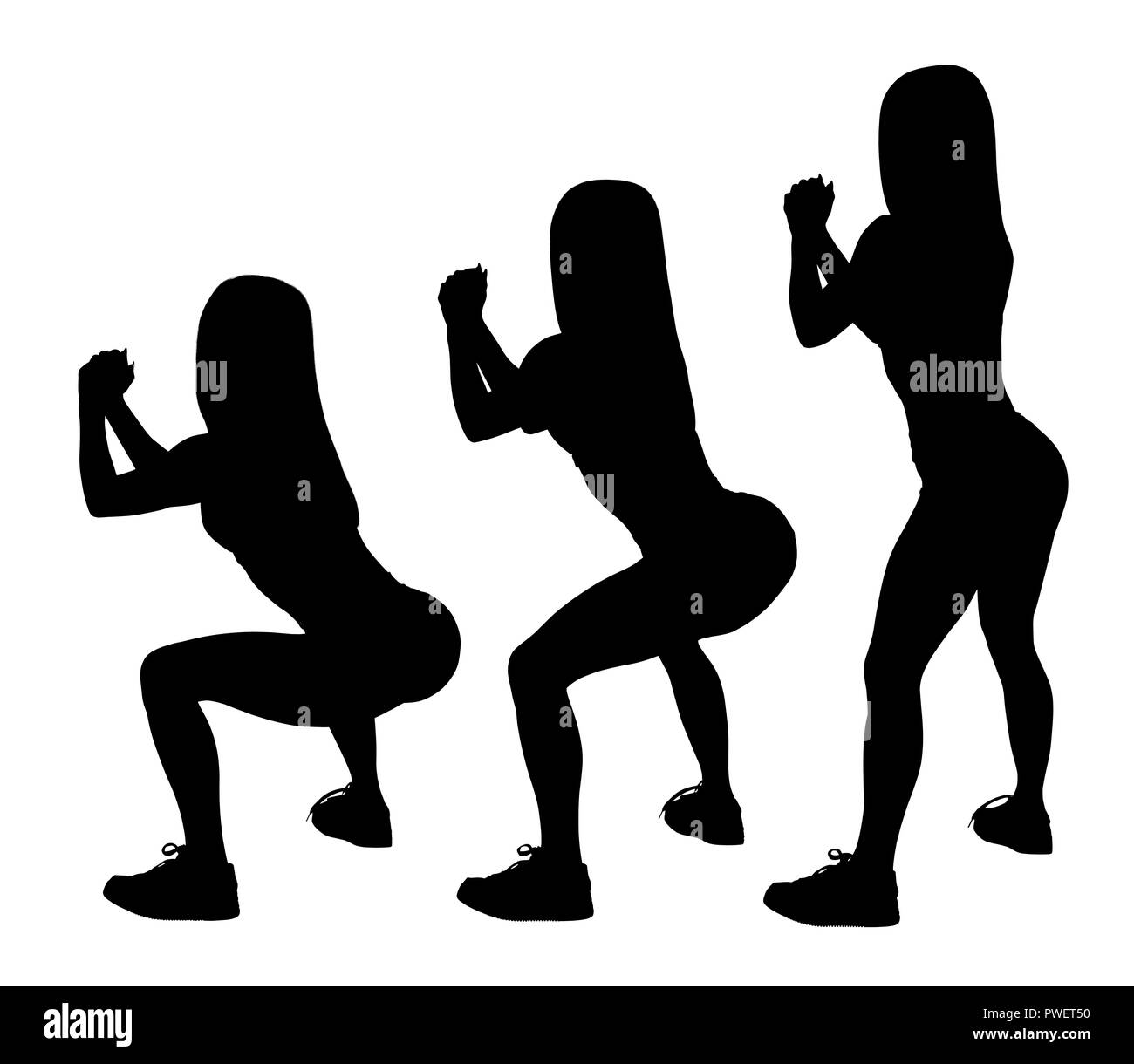 Silhouette nera di set di donna sportivo facendo squat. Foto Stock