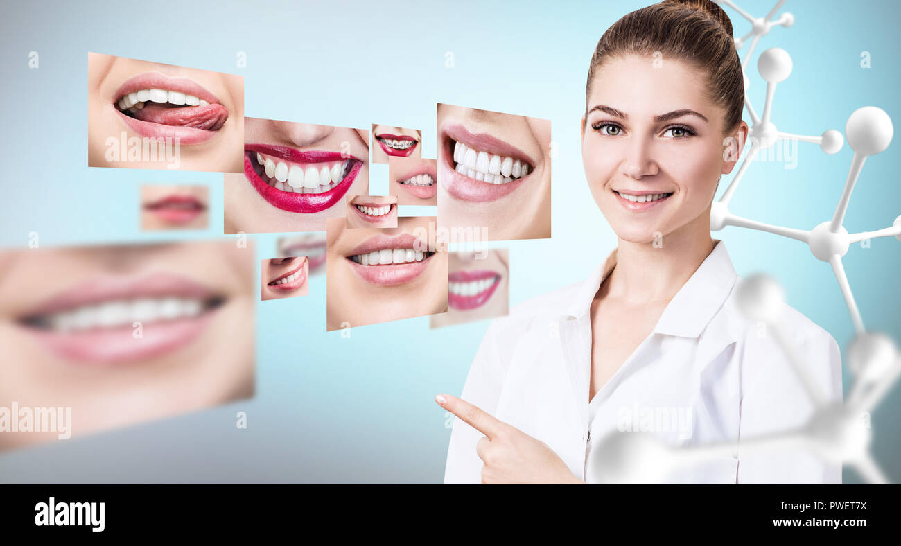 Giovane medico dentista vicino collage di sano bei sorrisi. Foto Stock