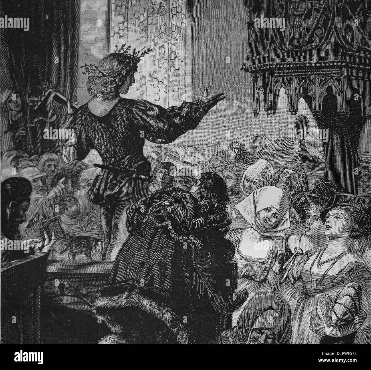 Master cantante (Meistersinger). Germania. Concorso di musica. Xiv secolo - XVI secolo. Incisione, 1882. Foto Stock