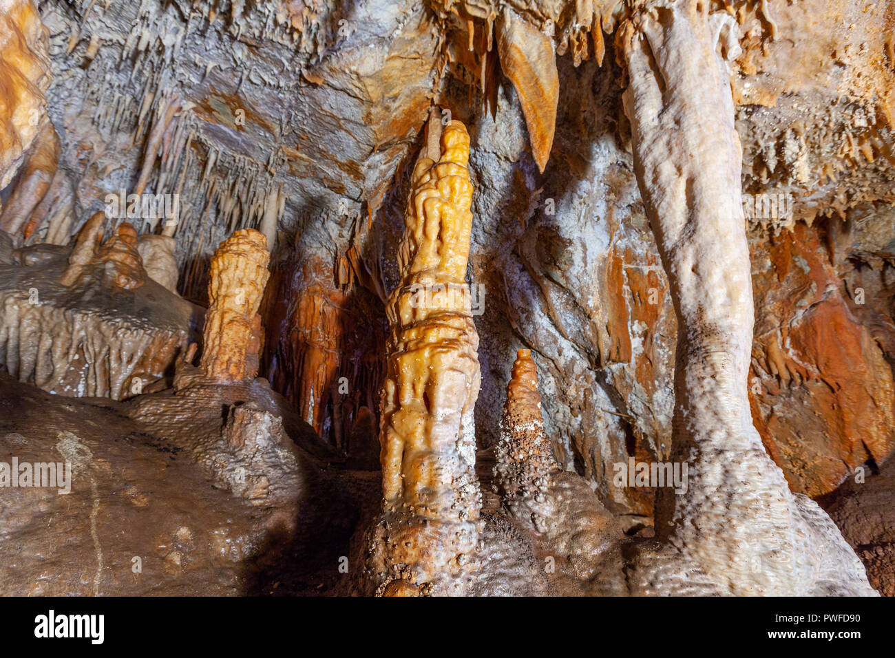 Bella la formazione di stalagmiti in una grotta di calcare Foto Stock