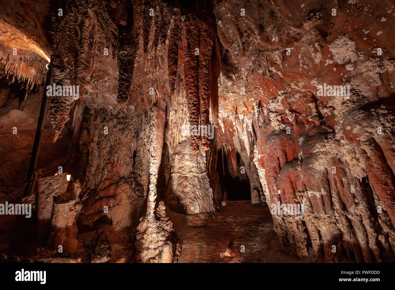 Grandi stalattiti a penzoloni al soffitto in una grotta limstone Foto Stock