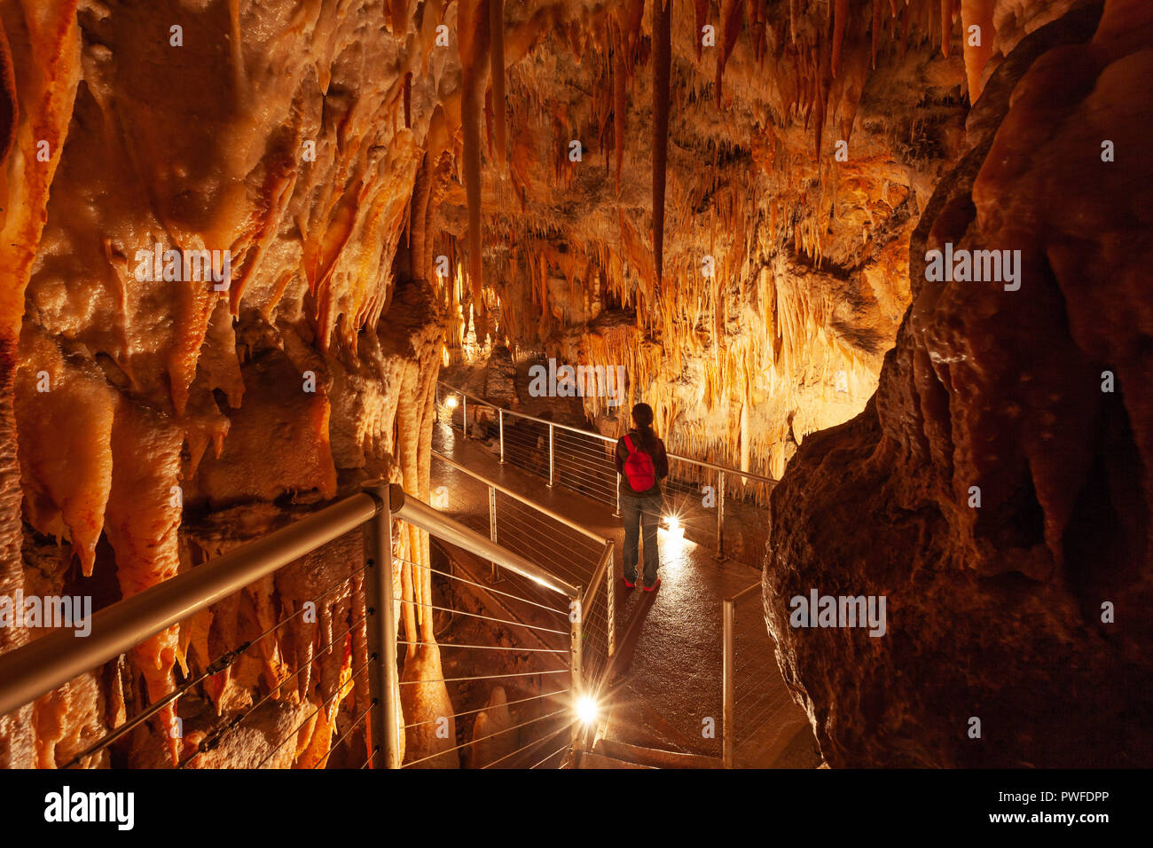 Tourist ammirando le stalattiti nelle grotte di calcare in Australia Foto Stock