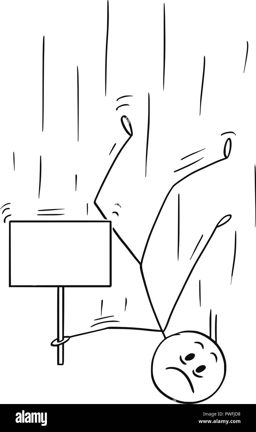 Cartoon di caduta dell'uomo verso il basso e tenendo premuto segno di vuoto Illustrazione Vettoriale