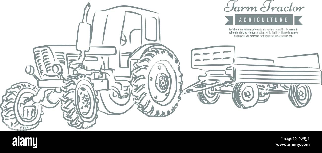 Trattore agricolo con stile sketch line art design. Disegnata a mano illustrazione vettoriale. Illustrazione Vettoriale