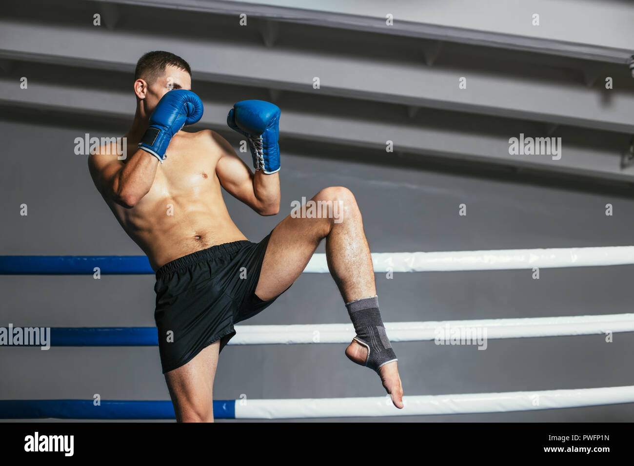 Boxer maschio combattimenti a guanti in pugilato ring. Sport concept Foto Stock