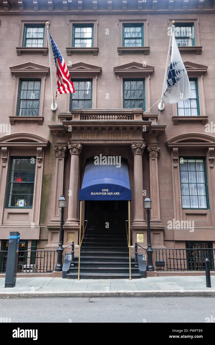 NEW YORK NEW YORK - Agosto 19, 2018: una vista dell'esterno dell'India casa a uno Hanover Square in Manhattan inferiore Foto Stock