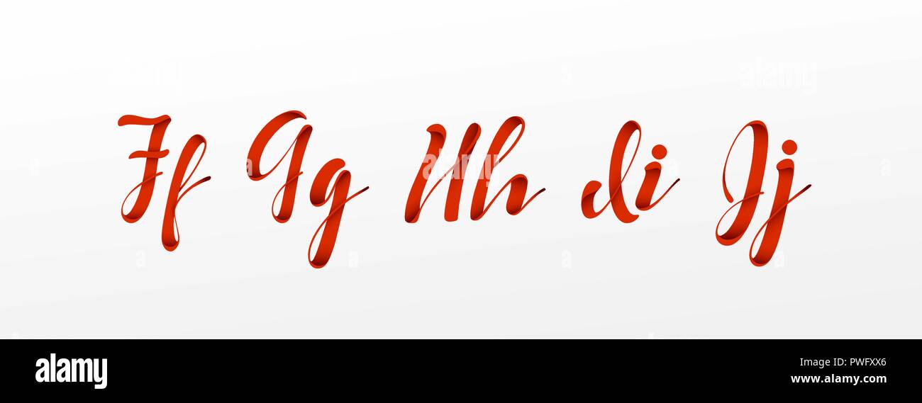 Font stile ribbon, alfabeto rosso. Lettere f, g, h, i, j, tipografia illustrazione vettoriale. Illustrazione Vettoriale