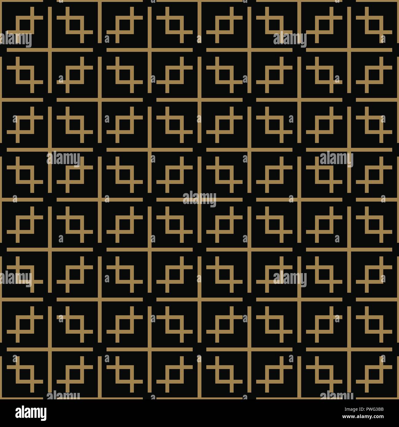 Modello senza soluzione di continuità con le piazze, oro nero diagonale a strisce intrecciate linee. Vettore sfondo ornamentale. Il futuristico design vivace. Illustrazione Vettoriale