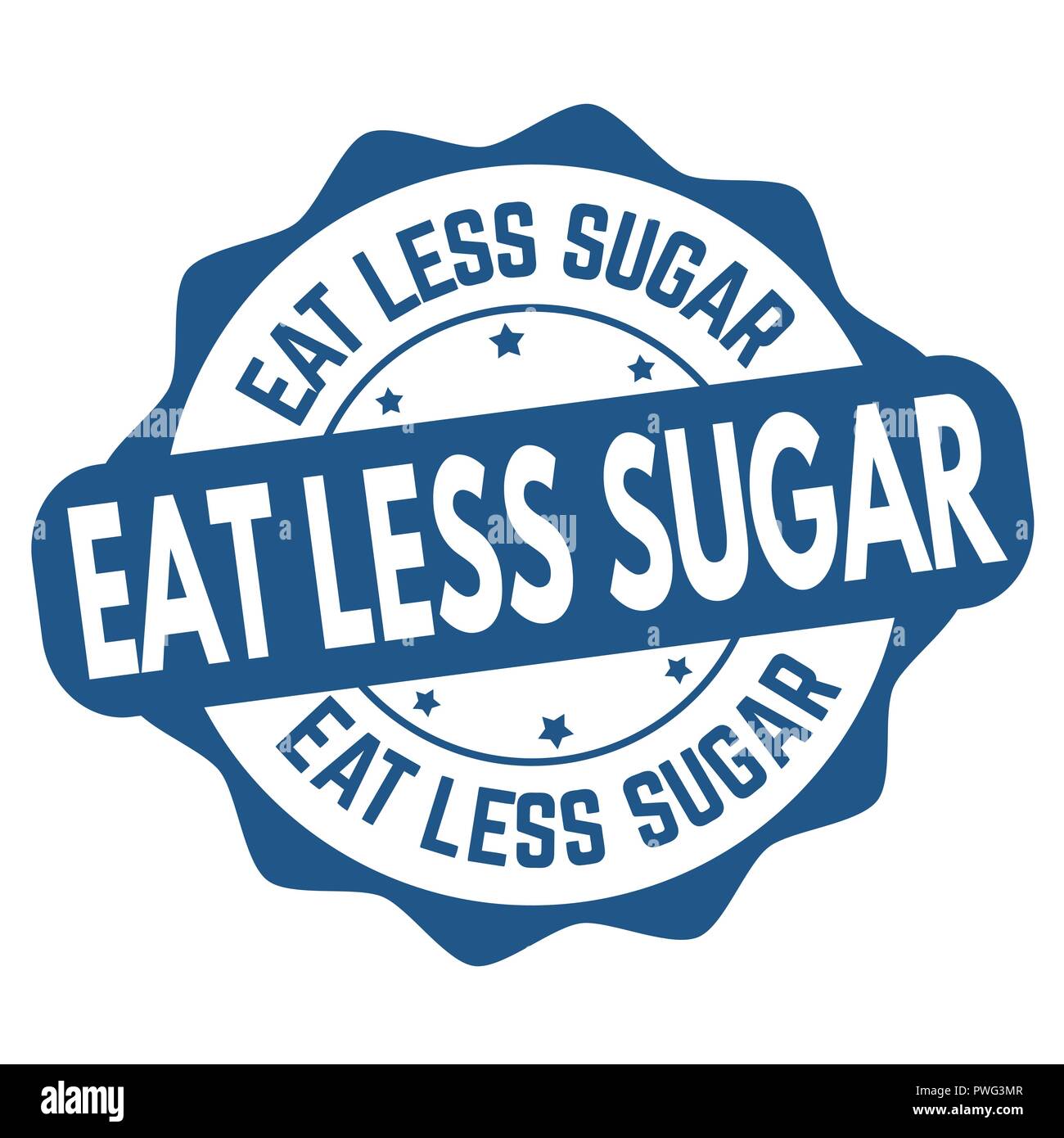 Mangiare meno zucchero segno o timbro su sfondo bianco, illustrazione vettoriale Illustrazione Vettoriale