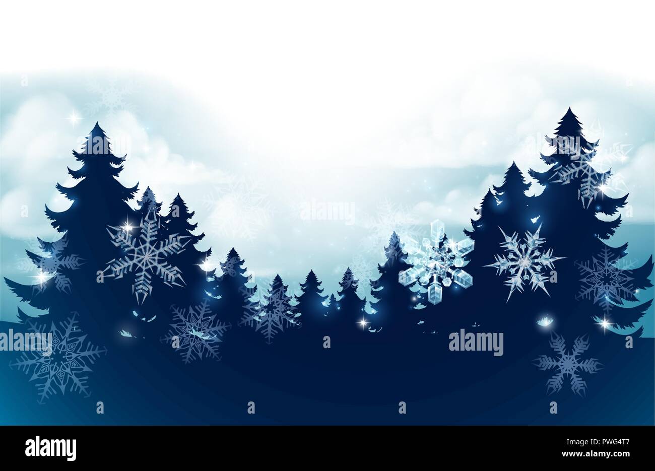 Silhouette di alberi di Natale neve sullo sfondo della scena Illustrazione Vettoriale