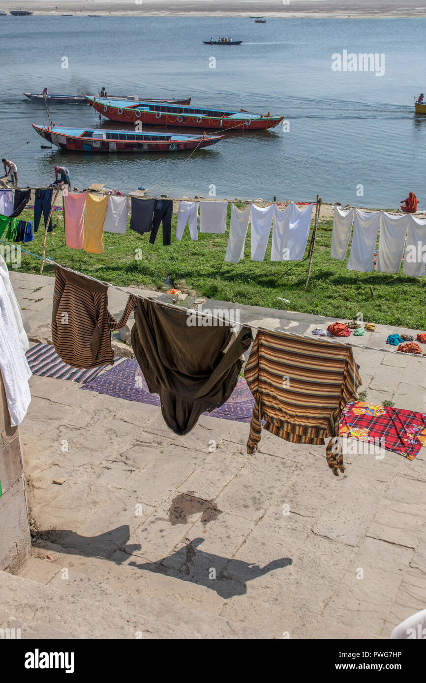Servizio lavanderia giorno sul fiume Gange, Varanasi, Uttar Pradesh, India. Vestiti e biancheria sono lavati nel fiume e la diffusione a secco sulla sua riva Foto Stock