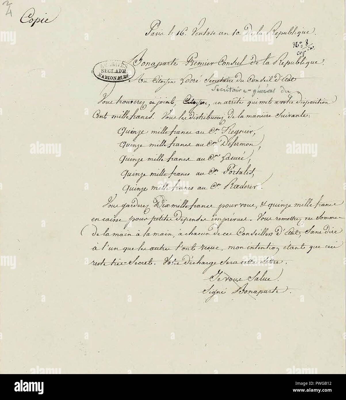 Brouillon d‥99une lettre de Napoléon à Jean-Guillaume Locré - Archives Nationales - AF-IV-863 - (1). Foto Stock