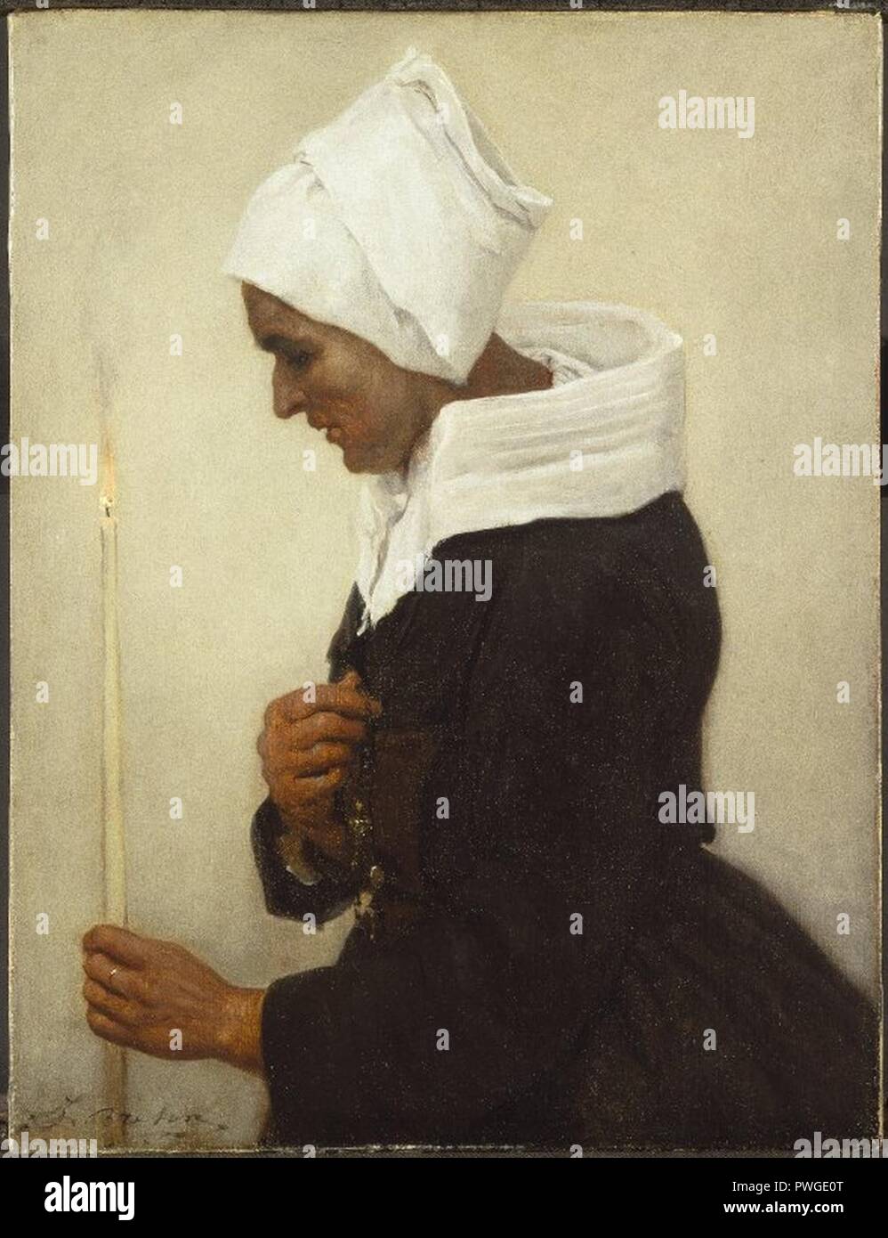 Breton Contadina tenendo una rastremazione - Jules Breton - Generale. Foto Stock