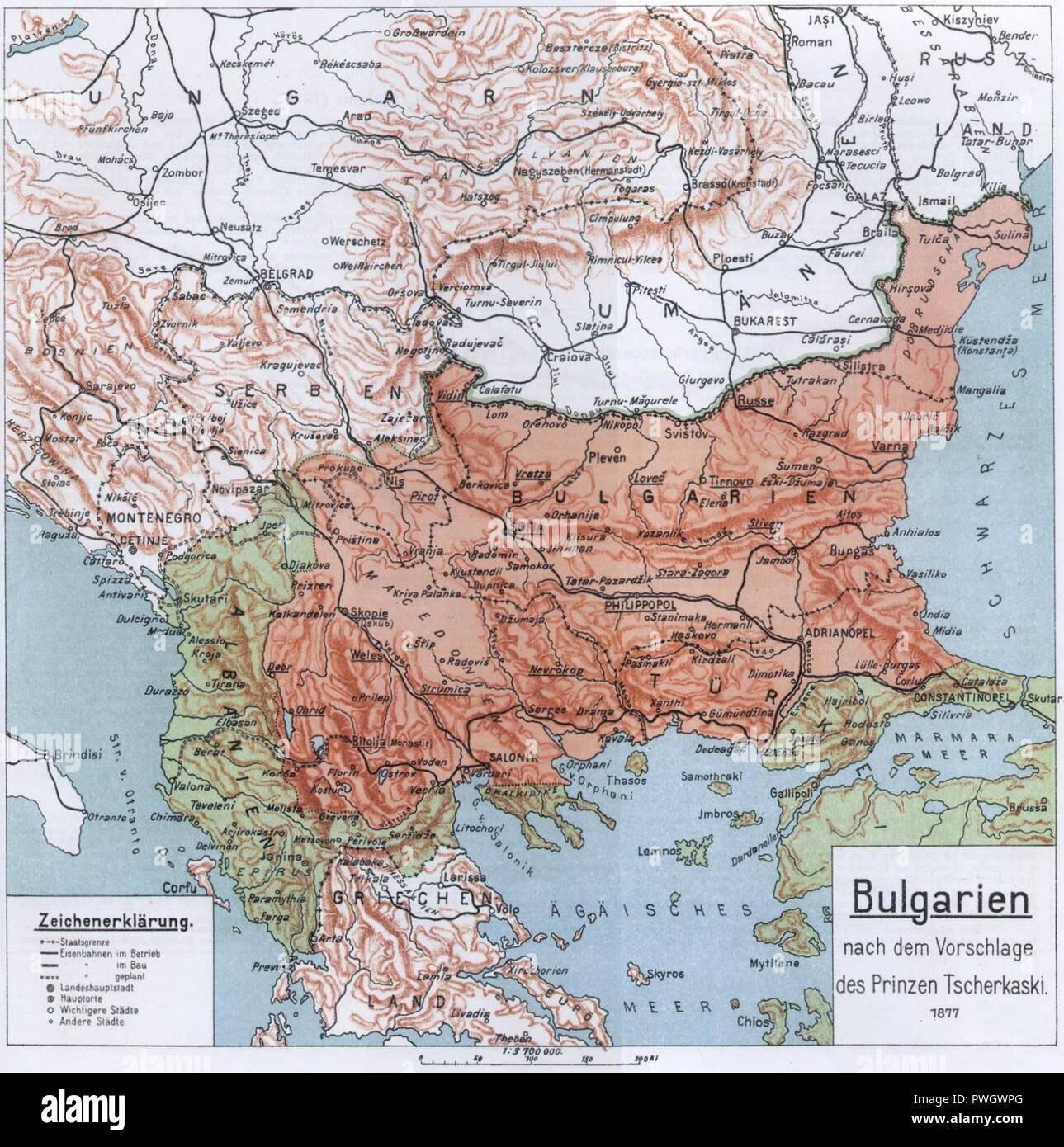 La Bulgaria-map-Tscherkassky-1877. Foto Stock