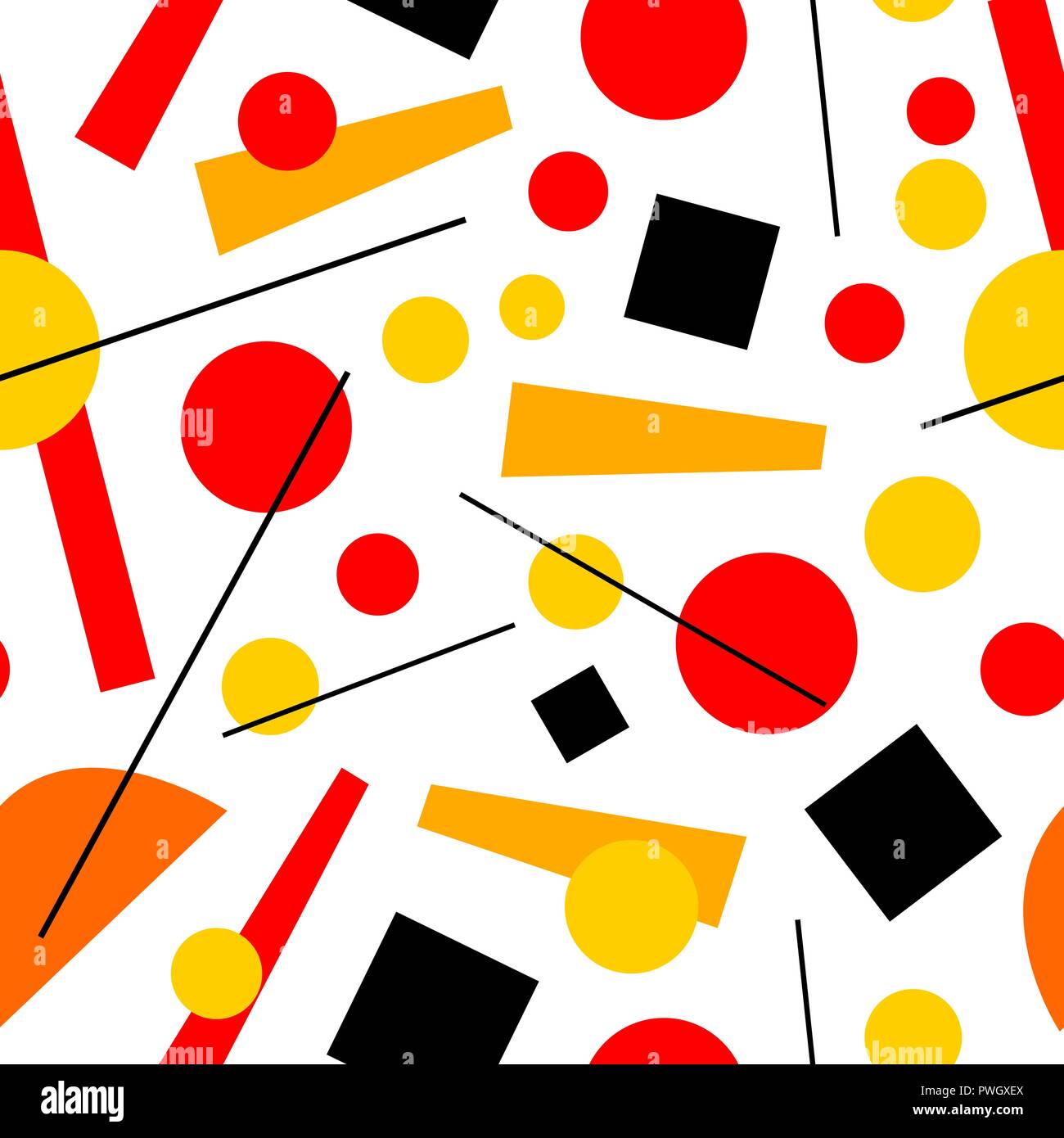 Modello senza giunture di Suprematism. rosso, nero, giallo, arancio quadrati, cerchi strisce. linea, trapezoidale. Illustrazione Vettoriale