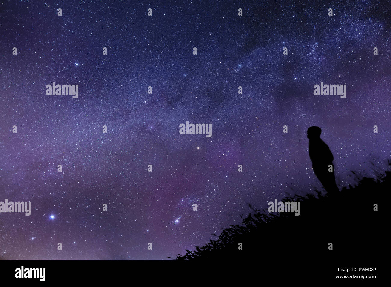 La Stargazer, lonely man guardando le stelle e la Via Lattea in Toscana, Italia. Foto Stock