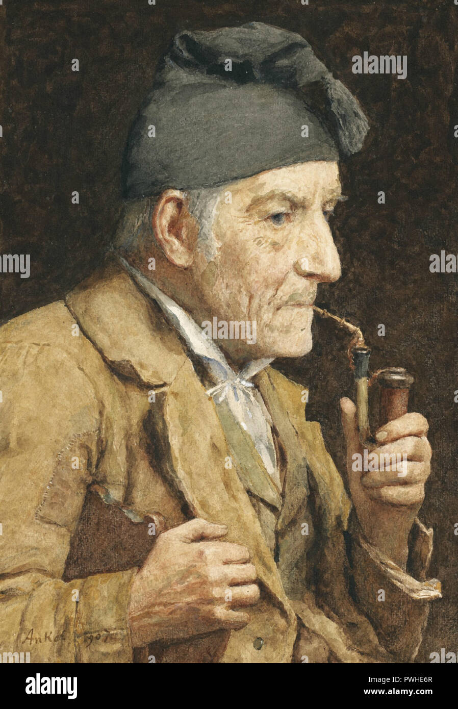 Anker Albert - Alter Mann Beim Pfeife Rauchen Foto Stock