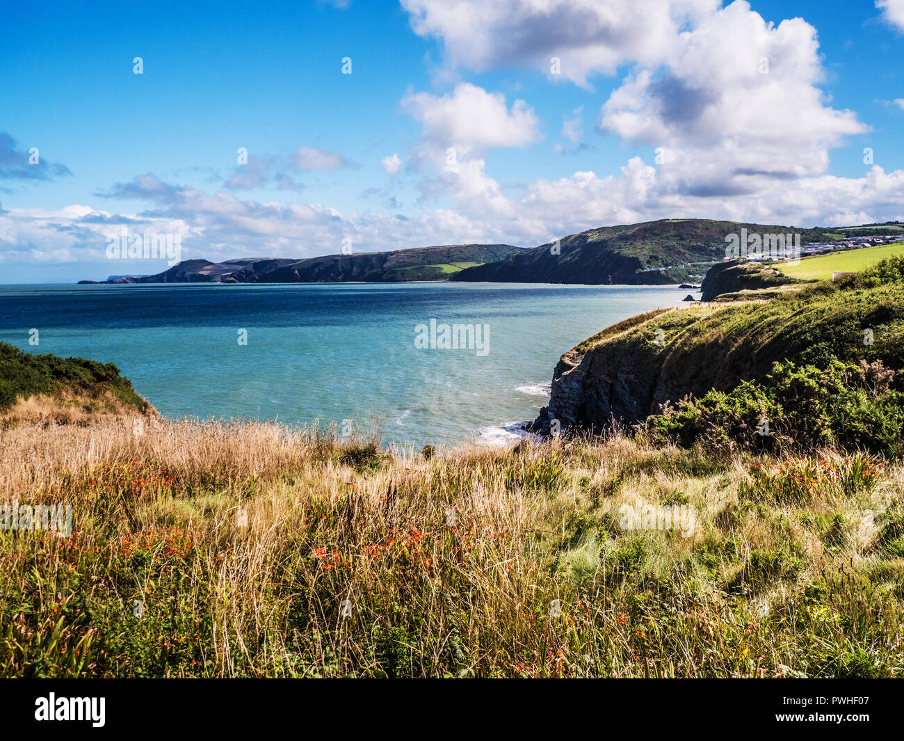 Vista dal sentiero costiero verso Tresaith sulla costa gallese in Ceredigion. Foto Stock
