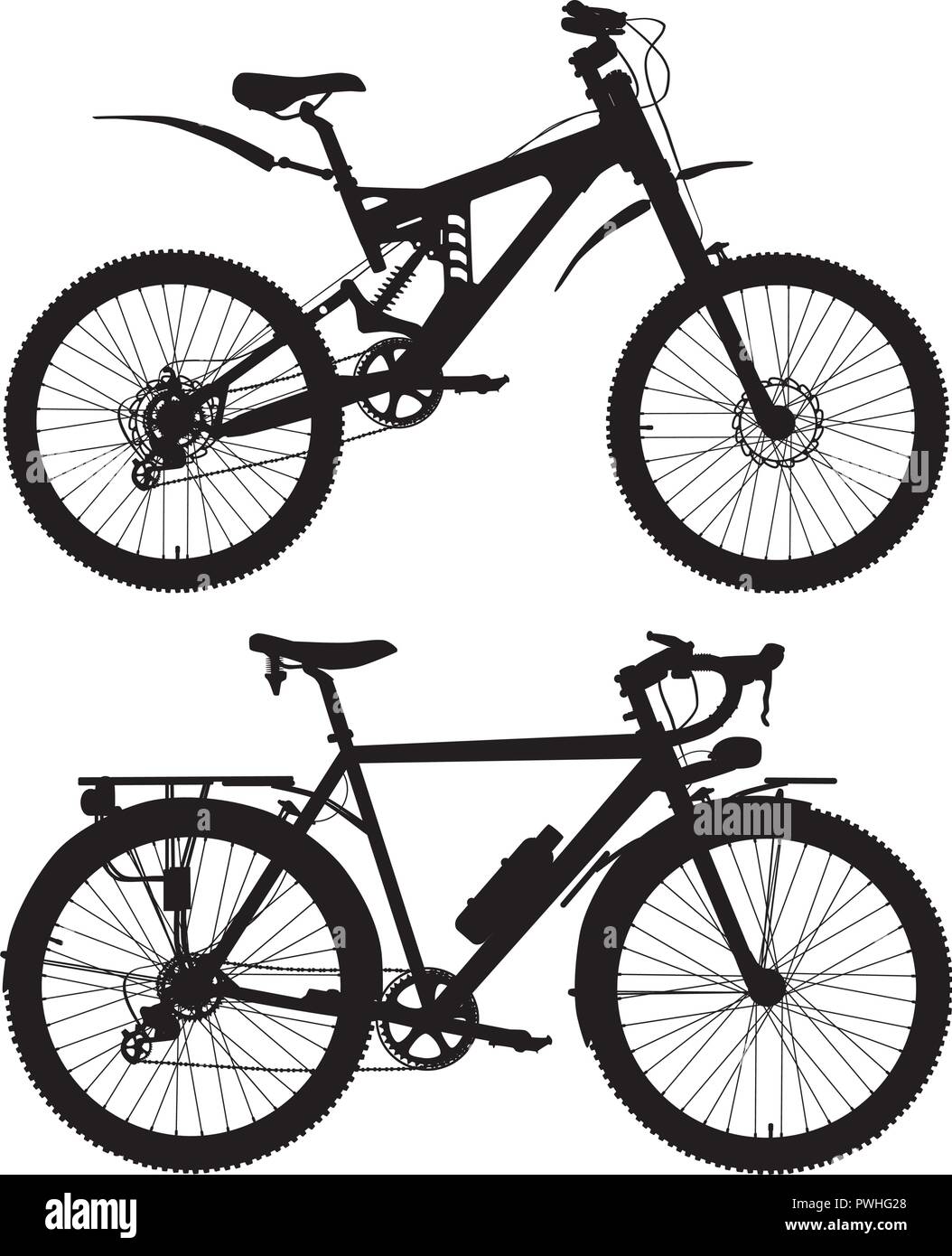 Montagna e touring bike vettore silhouette nera Illustrazione Vettoriale
