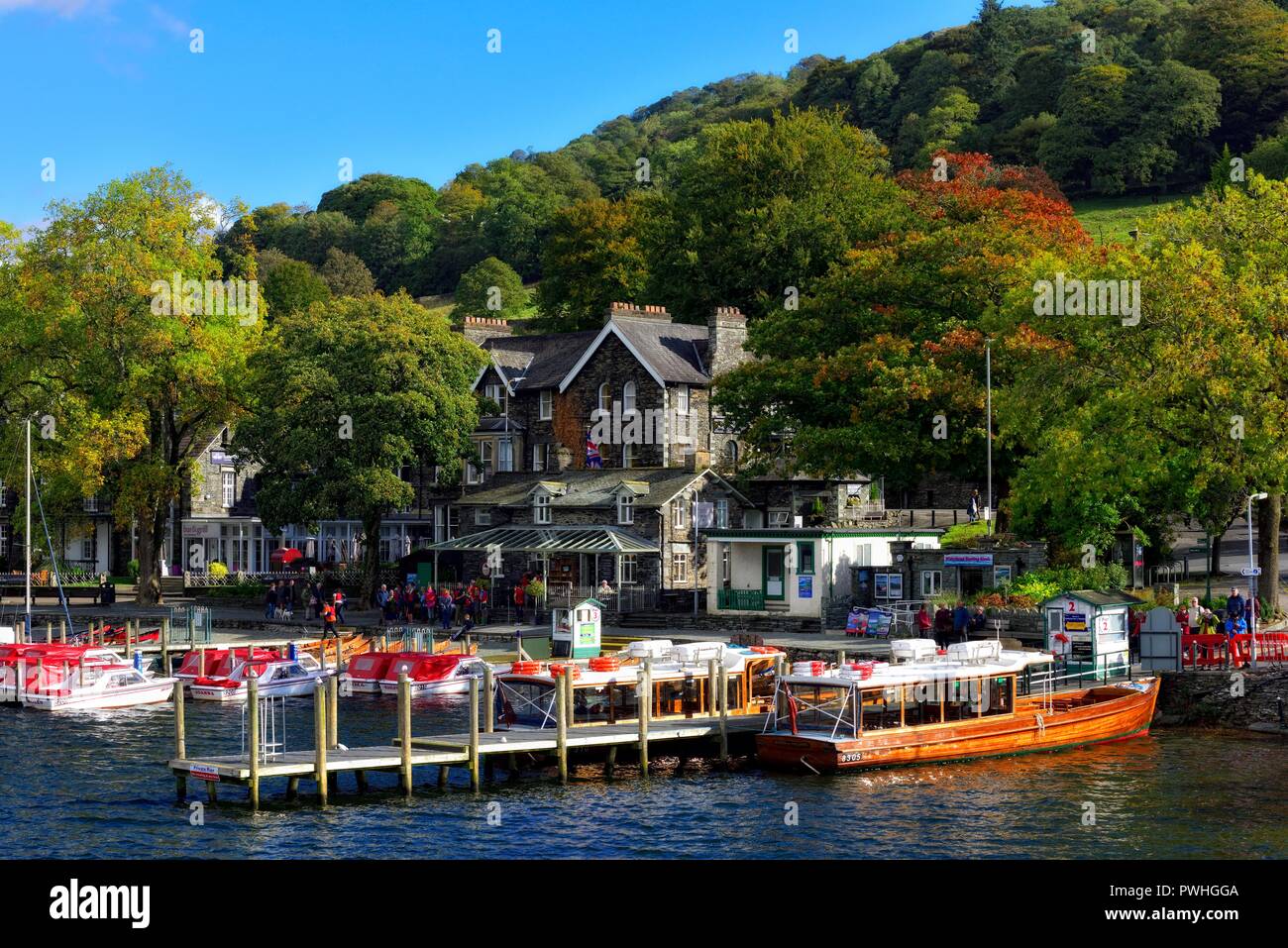 Waterhead molo,Ambleside,Lake District,Cumbria,l'Inghilterra,UK Foto Stock