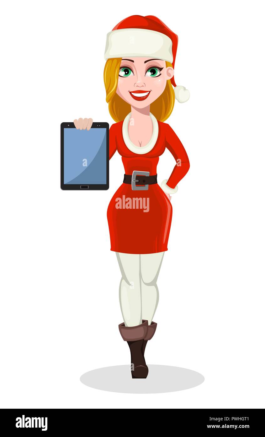 Auguri di Buon Natale. Bella donna di Santa Claus costume. Allegro personaggio dei fumetti tenendo compressa. Utilizzabile per biglietto di auguri, banner, poster, flyer. V Illustrazione Vettoriale