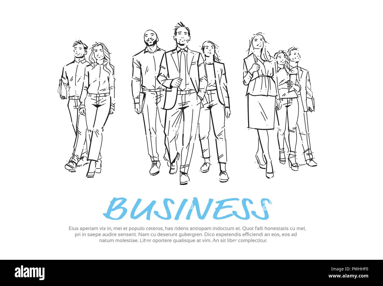 Schizzo imprenditori team passo avanti su sfondo bianco, leader nella parte anteriore del team di dirigenti di successo a piena lunghezza gruppo di disegnati a mano busines Illustrazione Vettoriale