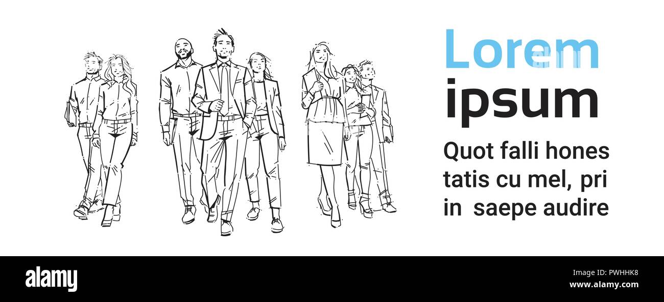 Schizzo imprenditori team passo avanti su sfondo bianco, leader nella parte anteriore del team di dirigenti di successo a piena lunghezza gruppo di disegnati a mano la gente di affari Illustrazione Vettoriale