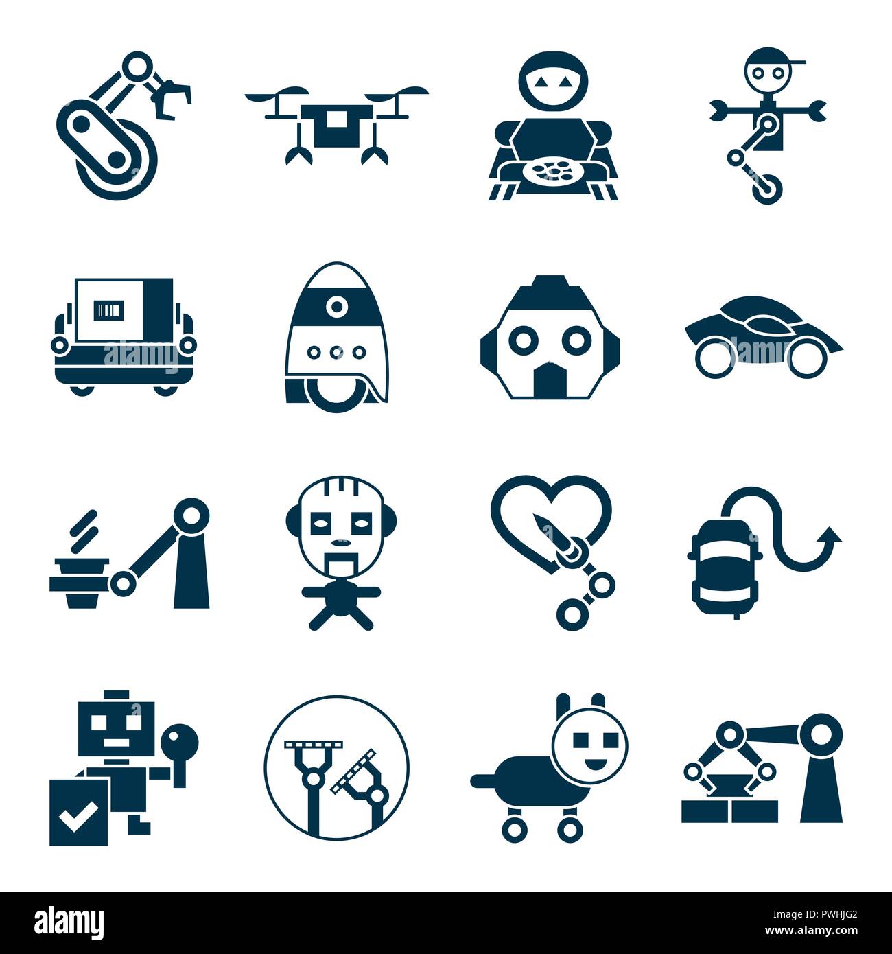Vettore digitale di automazione della macchina e intelligenza artificiale robot semplice set di icone di raccolta stile piatto infographics Illustrazione Vettoriale