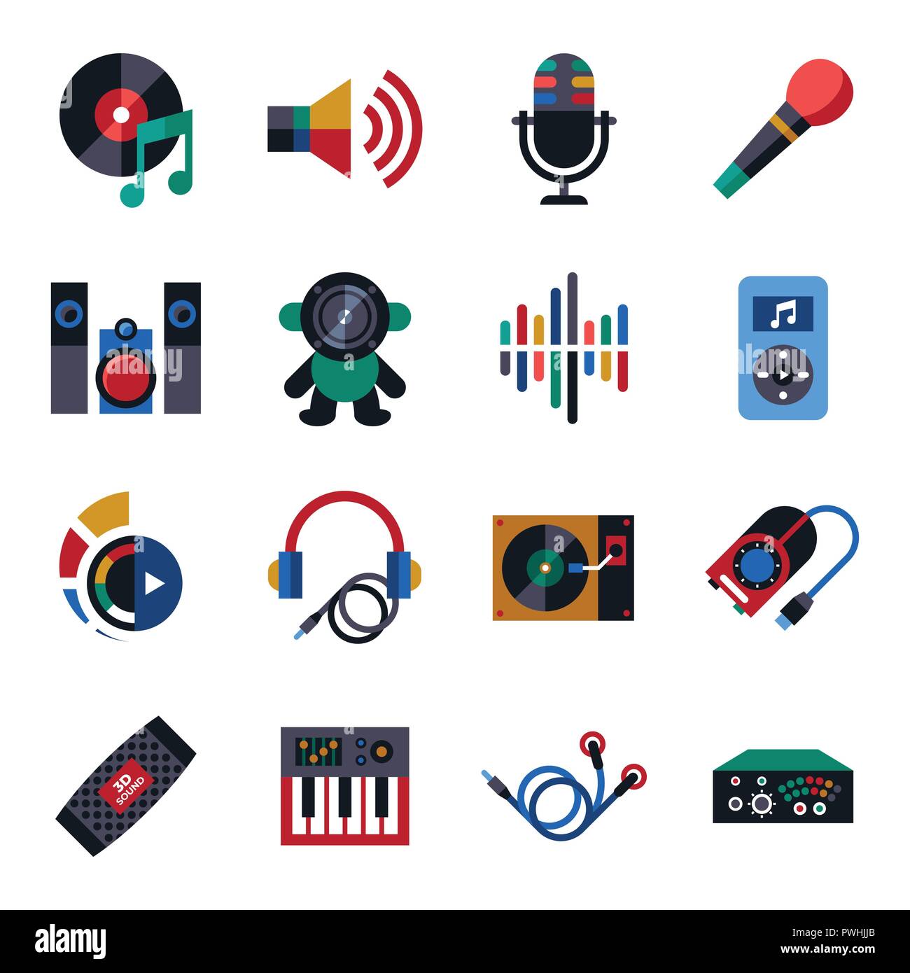 Vettore digitale studio sound design musica e strumenti semplici set di icone di raccolta stile piatto infographics Illustrazione Vettoriale