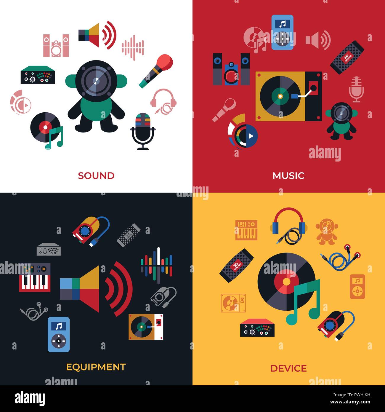 Vettore digitale studio sound design musica e strumenti semplici set di icone di raccolta stile piatto infographics Illustrazione Vettoriale