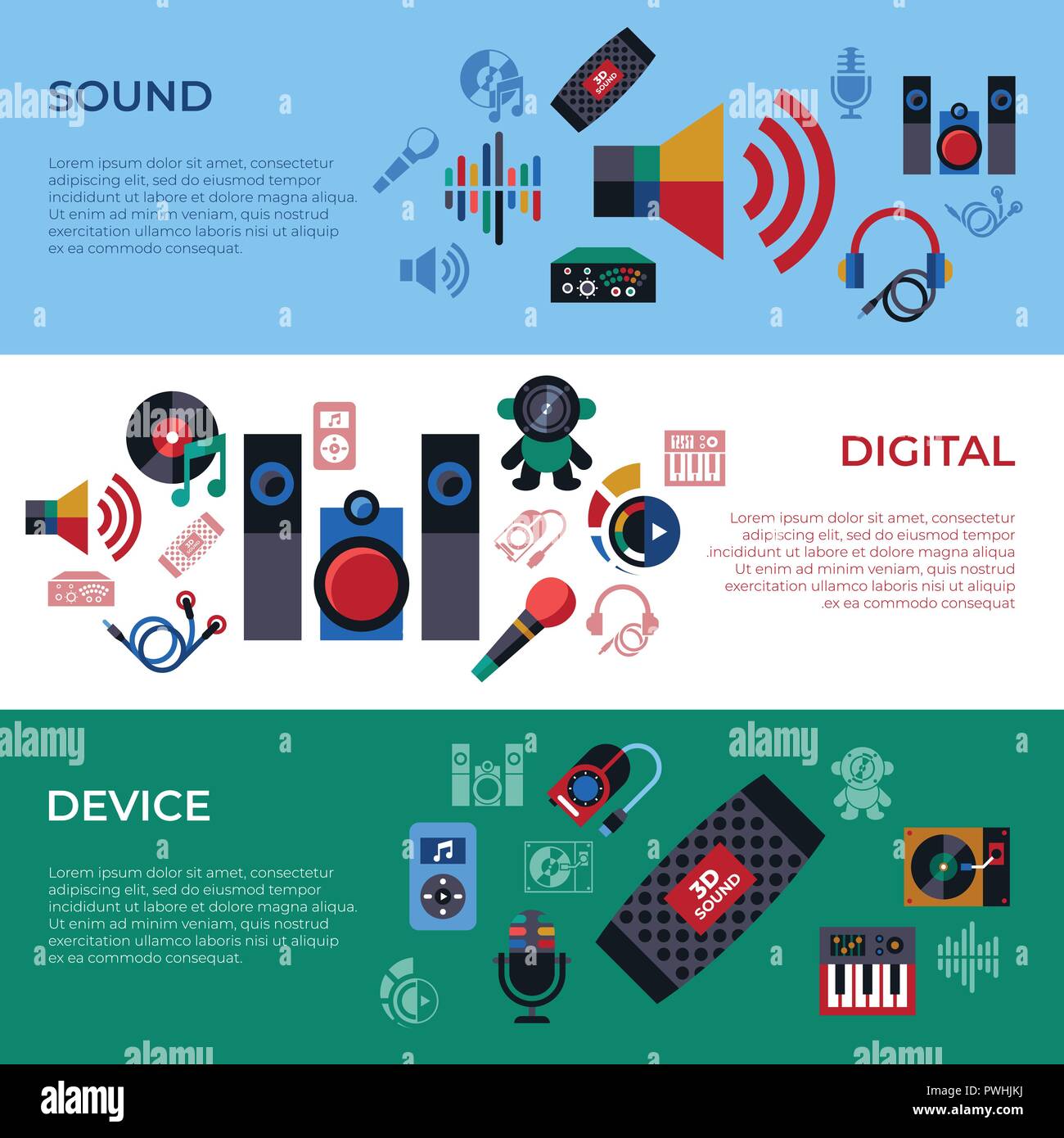 Vettore digitale studio sound design musica e strumenti semplici set di icone di raccolta stile piatto infographics Illustrazione Vettoriale