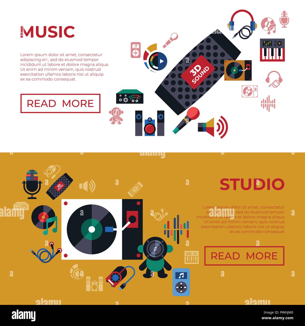 Vettore digitale studio sound design musica e strumenti semplici set di icone di raccolta stile piatto infographics Illustrazione Vettoriale