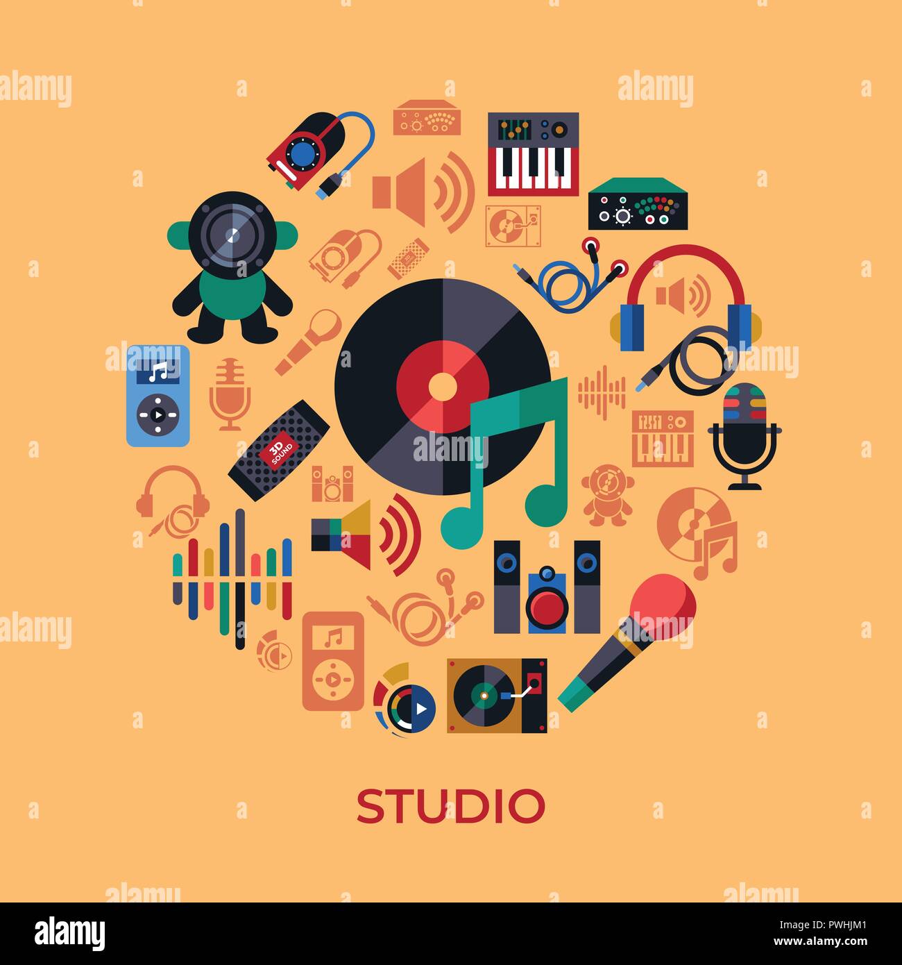 Vettore digitale studio sound design musica e strumenti semplici set di icone di raccolta stile piatto infographics Illustrazione Vettoriale