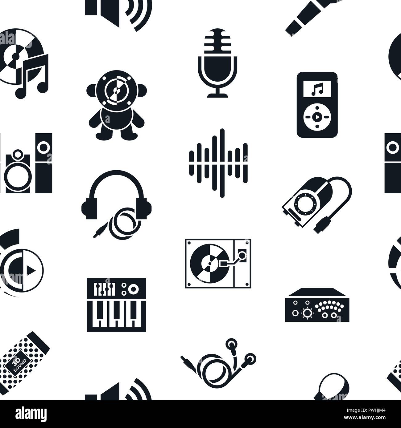 Vettore digitale studio sound design musica e strumenti semplici set di icone di raccolta stile piatto infographics, modello senza giunture Illustrazione Vettoriale