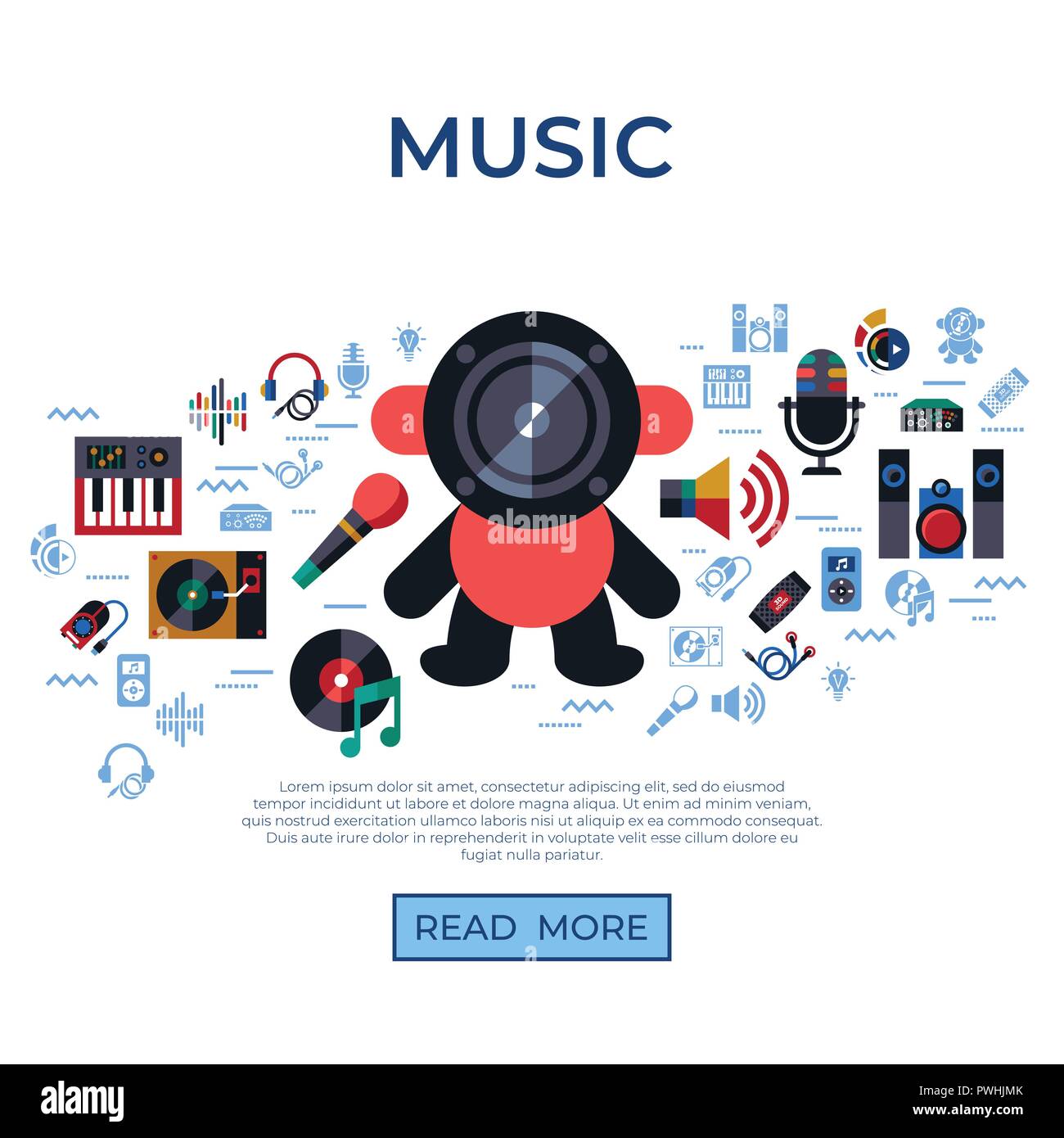 Vettore digitale studio sound design musica e strumenti semplici set di icone di raccolta stile piatto infographics Illustrazione Vettoriale