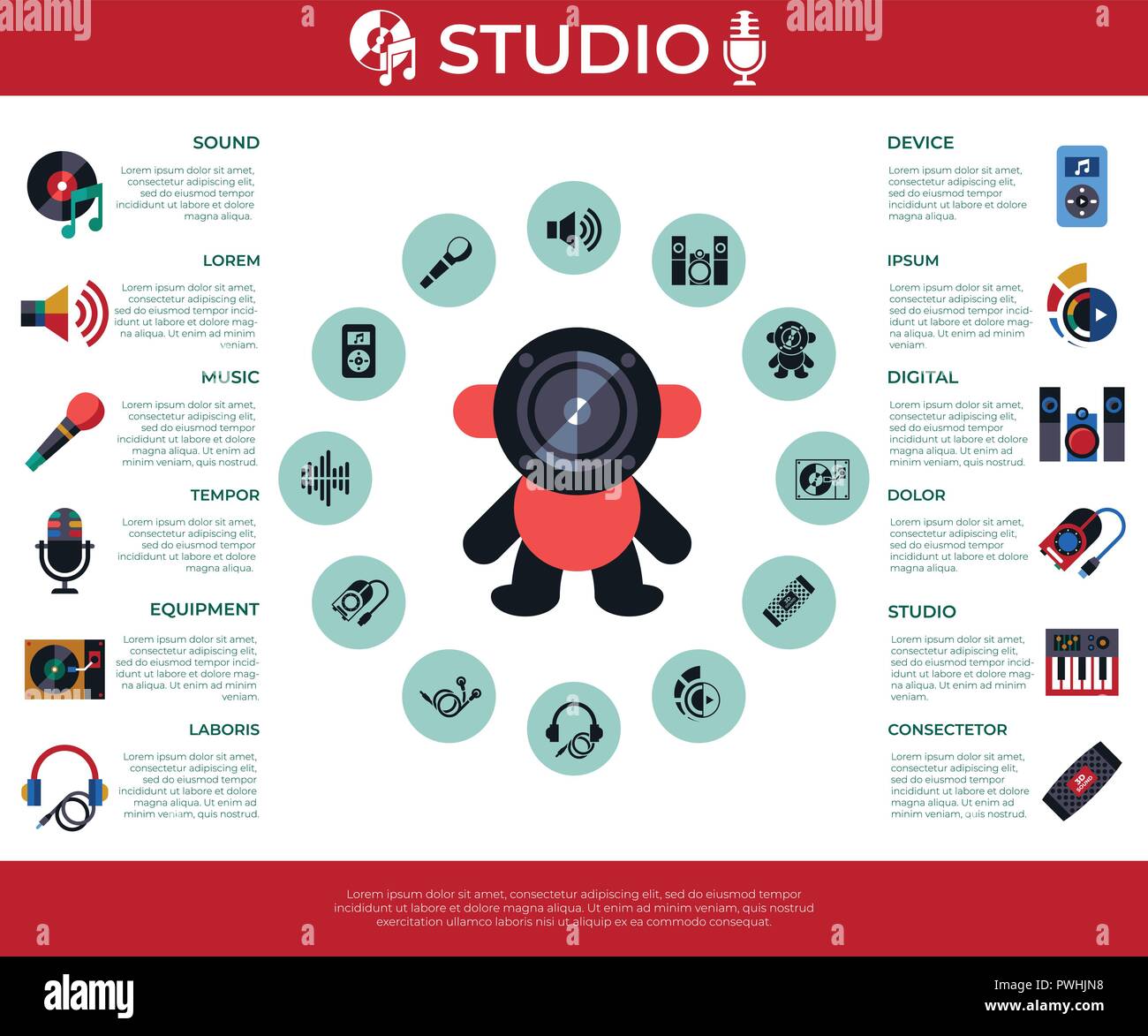 Vettore digitale studio sound design musica e strumenti semplici set di icone di raccolta stile piatto infographics Illustrazione Vettoriale