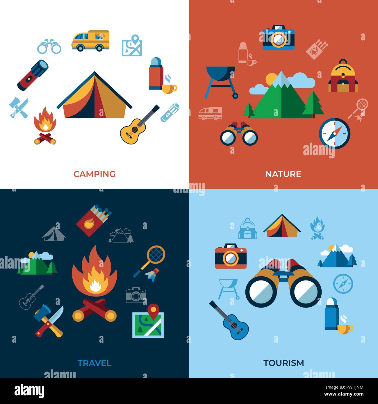 Vettore digitale il campeggio estivo attività sportive semplice set di icone di raccolta stile piatto infographics Illustrazione Vettoriale