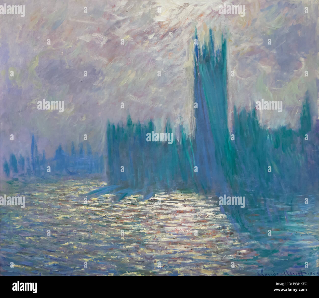 Dipinto 'Casa del Parlamento, riflessioni del Tamigi' (1900-1905) dal francese pittore impressionista Claude Monet sul display alla sua retrospettiva nel Museo Albertina di Vienna in Austria. La mostra dedicata al fondatore della francese pittura impressionista corre fino al 6 gennaio 2019. Foto Stock